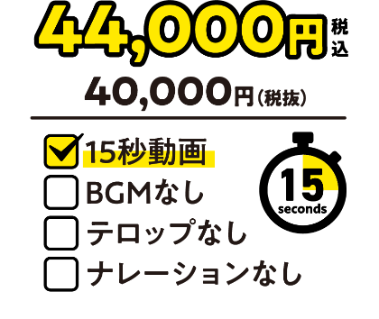 44,000円（税込）：15秒動画／BGMなし／テロップなし／ナレーションなし