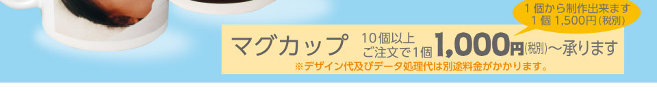 マグカップ10個以上ご注文の場合1個1,000円(税別)から承ります。
※デザイン代及びデータ処理代は別途料金がかかります。